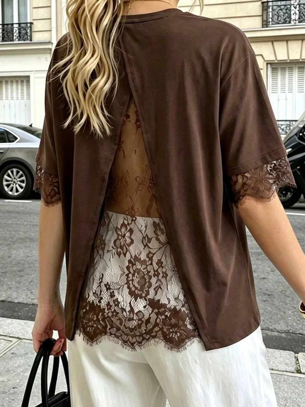 Brown Casual Women's Lace Patchwork Hollow Back Short Sleeve Top